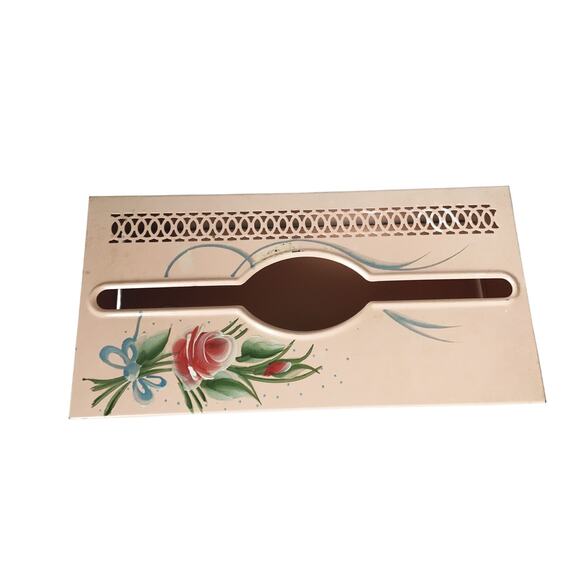 MCM Pink Tissue Box Holder Cover Hand Painted Tole Ware Metal Vanity Bath Vtg - Picture 3 of 11